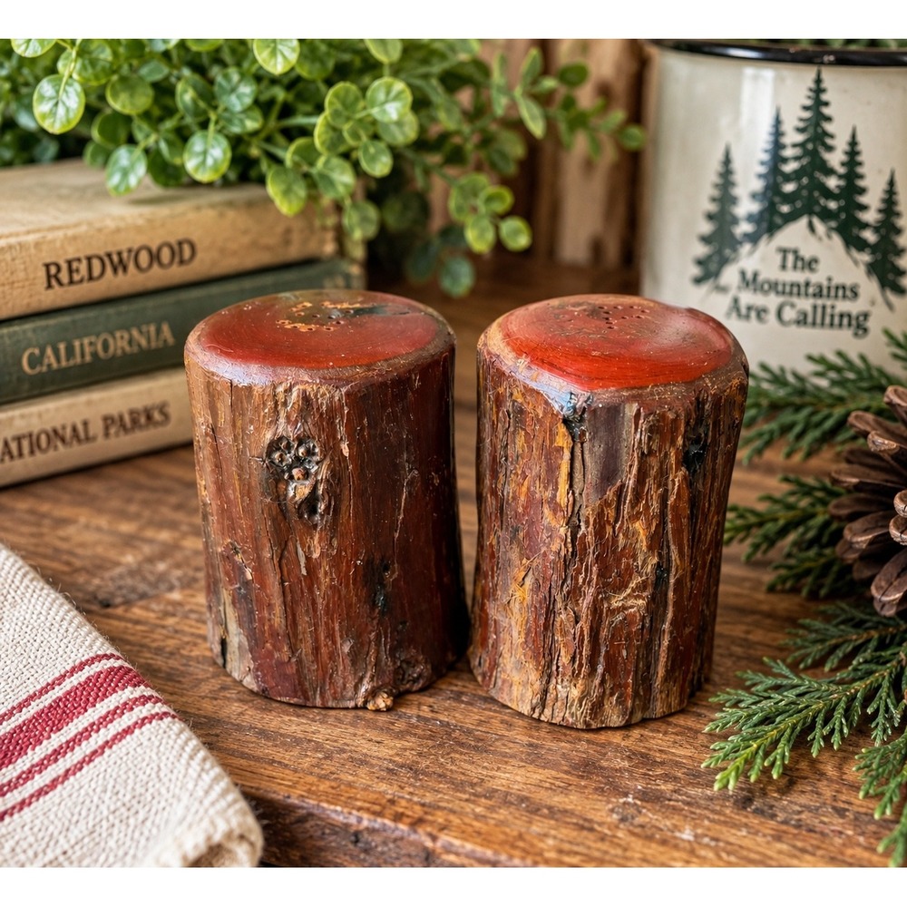 Vintage Tree House California Redwood Log Salt and Pepper Shakers Rustic Cabin
